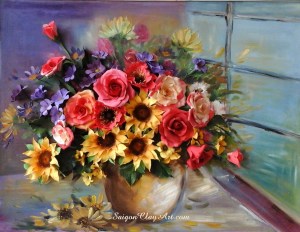 cap137_saigonclayart_sunflower_and_daisy_30x40cm